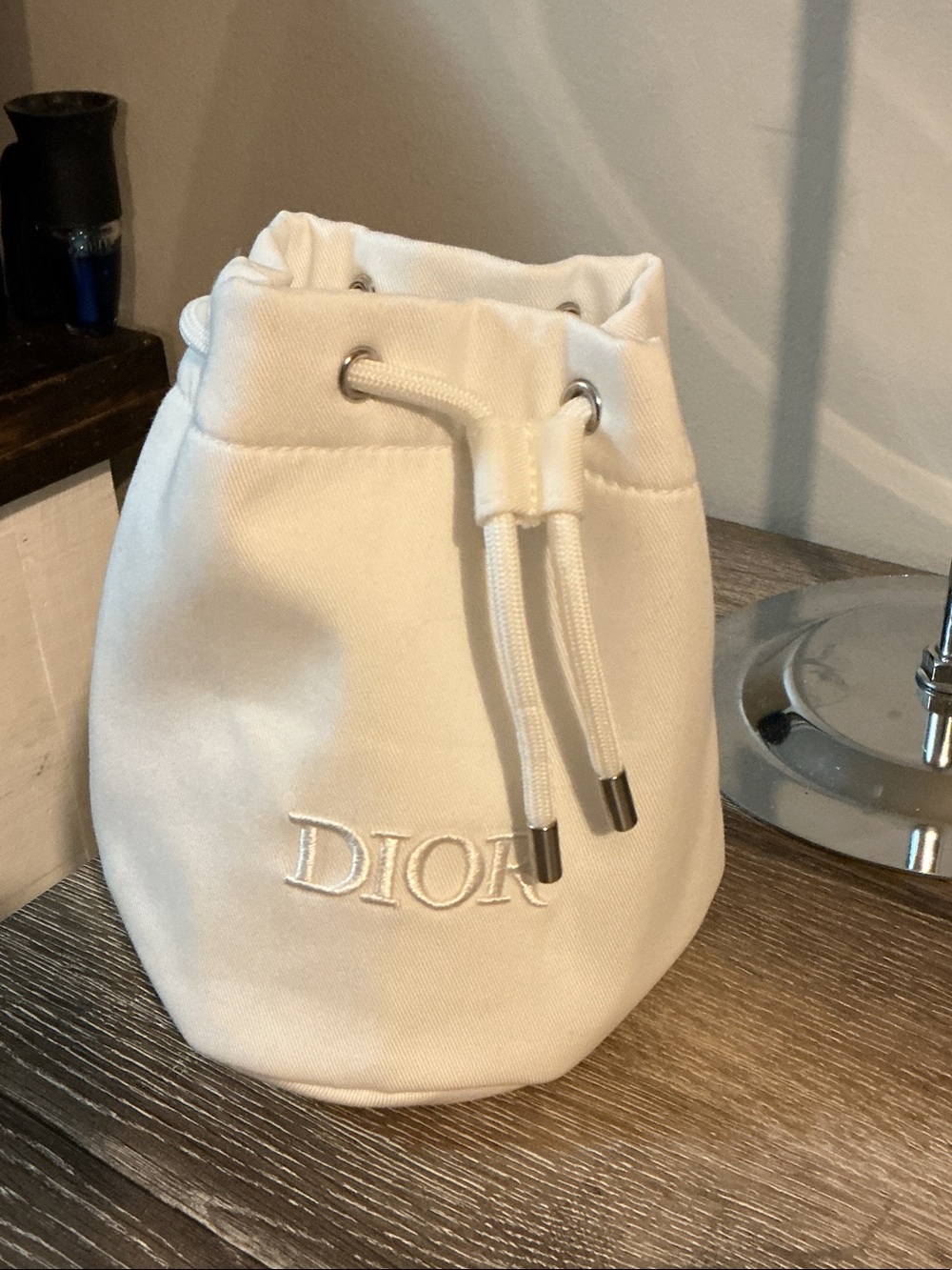 Dior Cream Drawstring Mini Bucket Storage Bag NEW 4.5x6.5x4.25